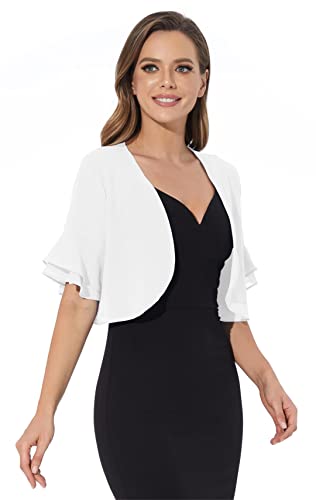Sepsap Women Shrug Soft Chiffon Open Front Sheer 3/4 Sleeve Bolero Cardigan for Evening Dress(White,M) - Image 5