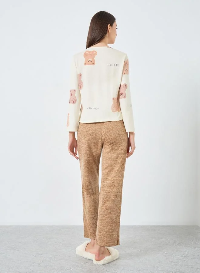 Take Two Take Two Cozy Beige Bear Print T-Shirt and Pyjama Set