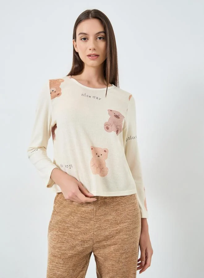 Take Two Take Two Cozy Beige Bear Print T-Shirt and Pyjama Set