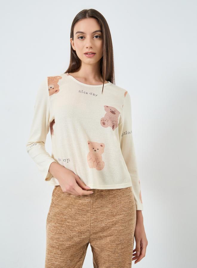 Take Two Cozy Beige Bear Print T-Shirt and Pyjama Set - Image 3