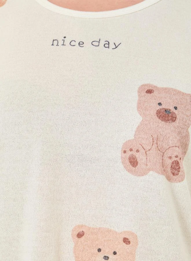 Take Two Take Two Cozy Beige Bear Print T-Shirt and Pyjama Set