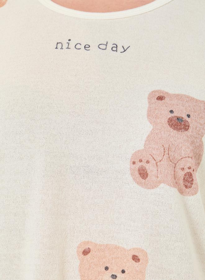Take Two Cozy Beige Bear Print T-Shirt and Pyjama Set - Image 4