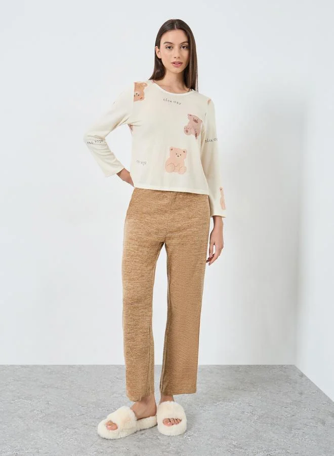 Take Two Take Two Cozy Beige Bear Print T-Shirt and Pyjama Set