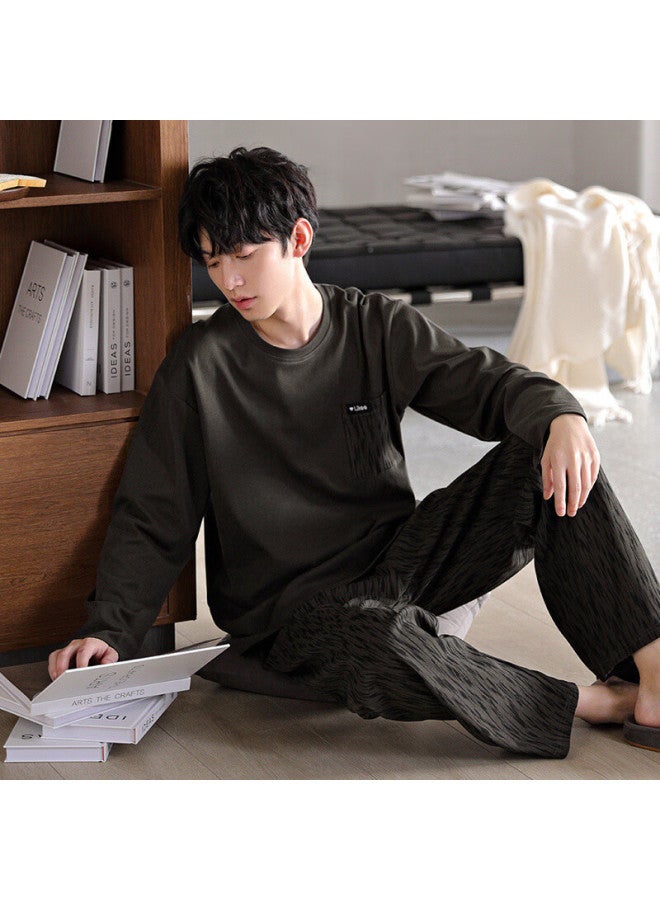 Fentengcare Men's Cotton Long Sleeve Long Pants Casual Crew Neck Pullover Pajama Set Soft Cotton Homewear Yr - Image 2