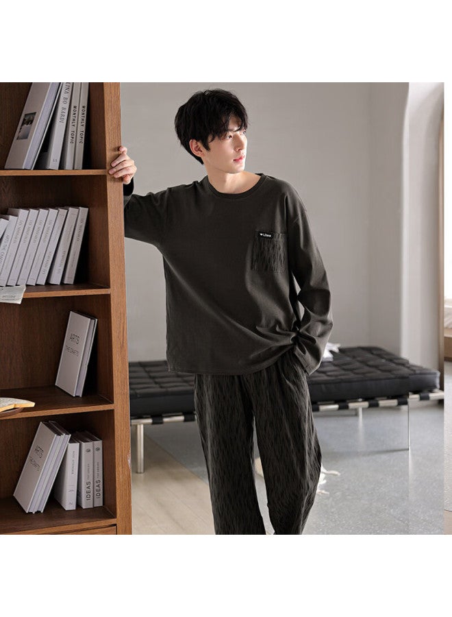 Fentengcare Men's Cotton Long Sleeve Long Pants Casual Crew Neck Pullover Pajama Set Soft Cotton Homewear Yr - Image 1