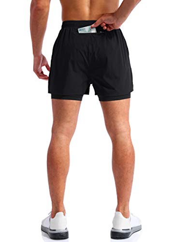 Pudolla Men’s 2 in 1 Running Shorts 5" Quick Dry Gym Athletic Workout Shorts for Men with Phone Pockets(Black Large) - Image 4