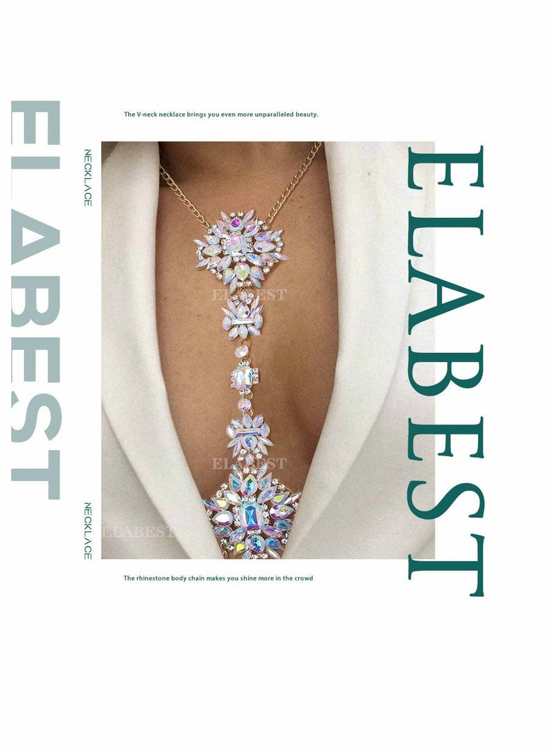 SYOSI Boho Rhinestone Statement Chain Crystal Necklace Body Chain Summer Beach Body Jewelry Accessories for Women and Girls With packing box (AB Colorful) - Image 1