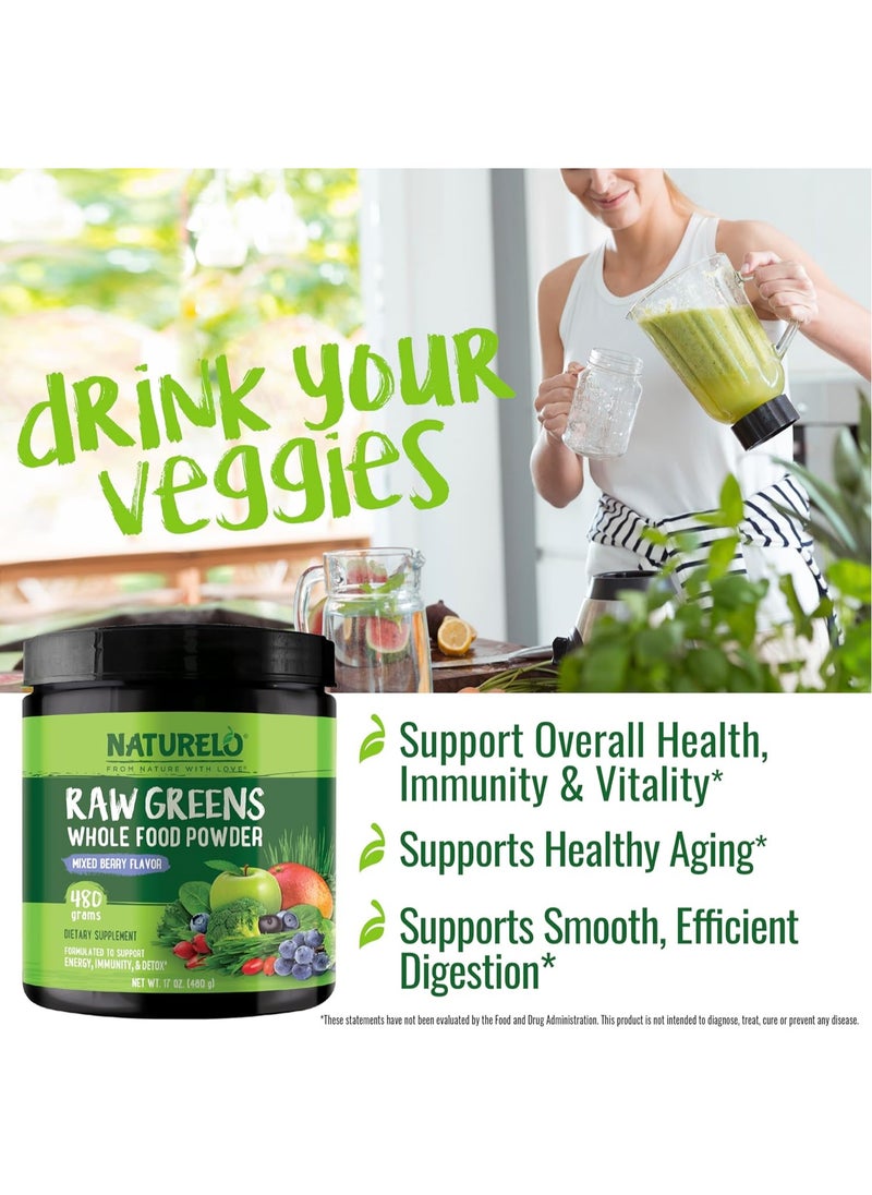 NATURELO - Raw Greens Whole Food Powder - Mixed Berry Flavor - Supports Energy, Immunity, & Detox, Dietary Supplement - NET WT 17 Oz( 480 g ) - Image 1