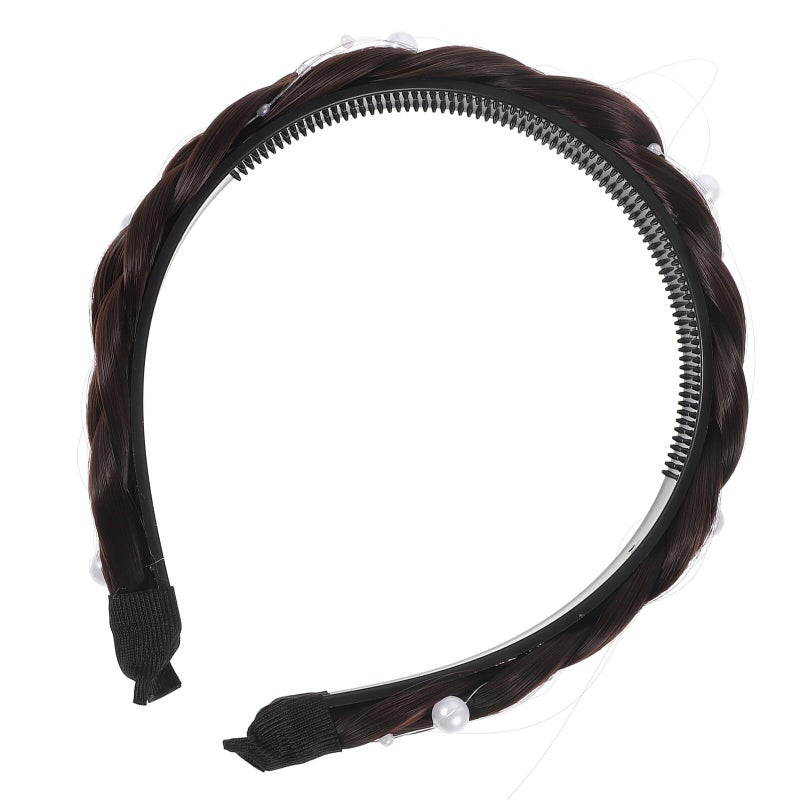 Deep Brown Pearl Braided Headband for Women Summer Fashion Hair Hoop Accessory - Image 2