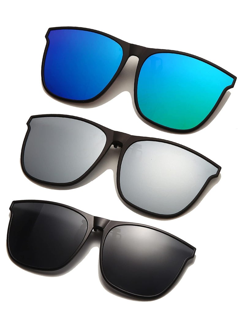 KASTWAVE Clip-on Sunglasses, 3 Pieces Flip-Up Polarized Sunglasses Clips Large Frame Lightweight Women Men Glasses Accessories for Driving Outdoor Fishing (Grey Blue Silver) - Image 1