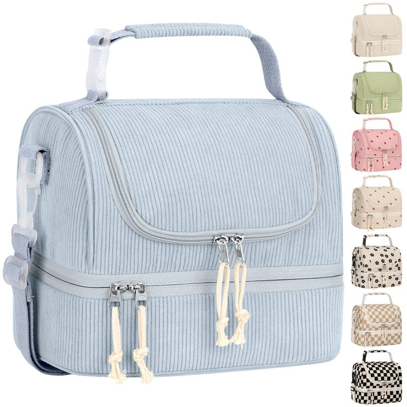 Vankor Corduroy Lunch Box Kids Insulated Lunch Bag Double Decker, Cute Leak-Proof Lunch Box for Boys Girls, Portable Cooler Lunch Bag Thermal Lunch Tote for School Picnic Travel, Light Blue - Image 1