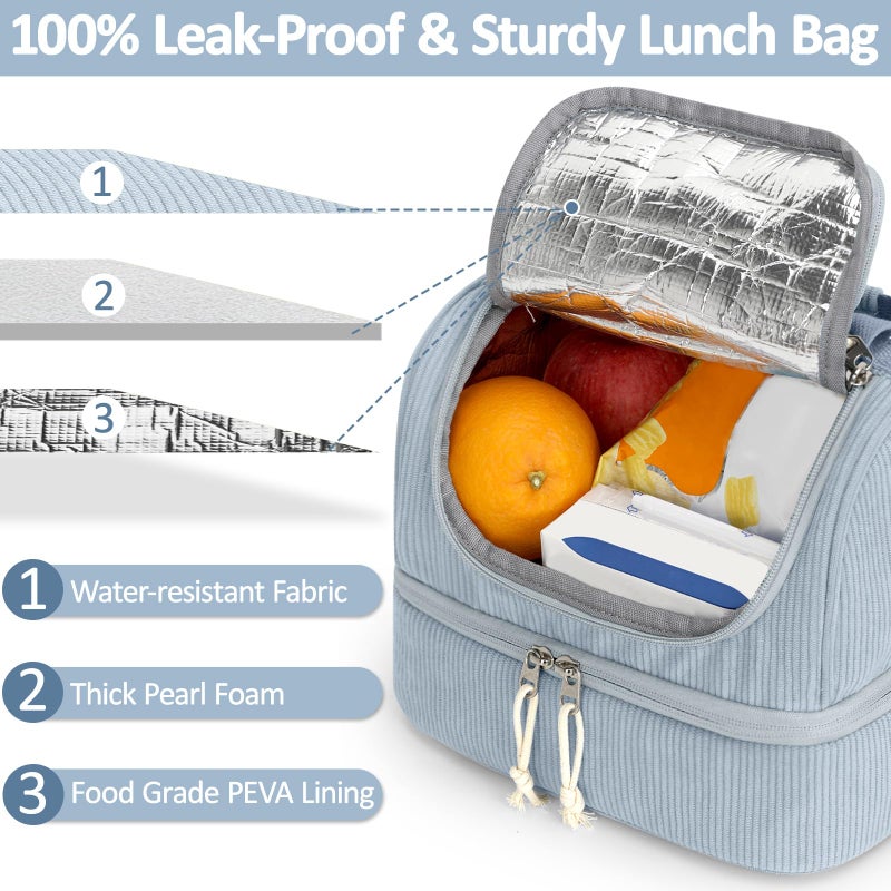 Vankor Corduroy Lunch Box Kids Insulated Lunch Bag Double Decker, Cute Leak-Proof Lunch Box for Boys Girls, Portable Cooler Lunch Bag Thermal Lunch Tote for School Picnic Travel, Light Blue - Image 2