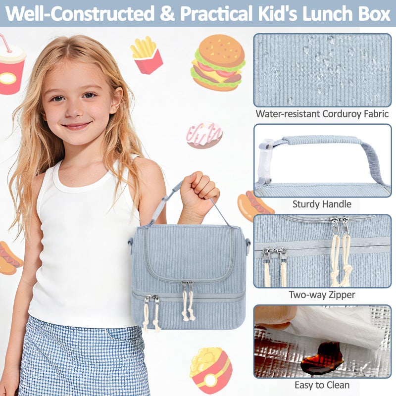 Vankor Corduroy Lunch Box Kids Insulated Lunch Bag Double Decker, Cute Leak-Proof Lunch Box for Boys Girls, Portable Cooler Lunch Bag Thermal Lunch Tote for School Picnic Travel, Light Blue - Image 4