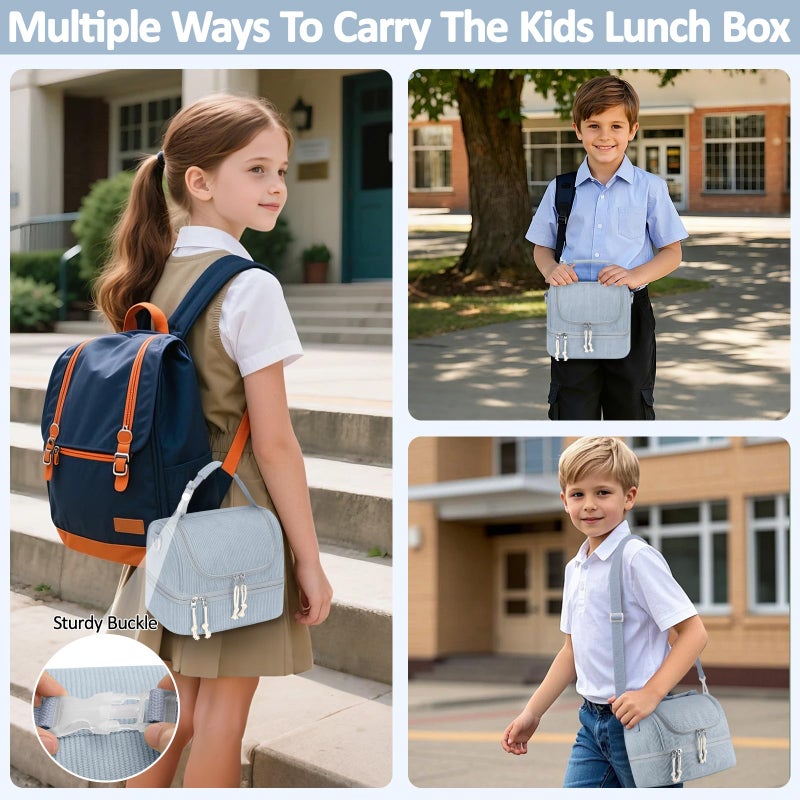 Vankor Corduroy Lunch Box Kids Insulated Lunch Bag Double Decker, Cute Leak-Proof Lunch Box for Boys Girls, Portable Cooler Lunch Bag Thermal Lunch Tote for School Picnic Travel, Light Blue - Image 3