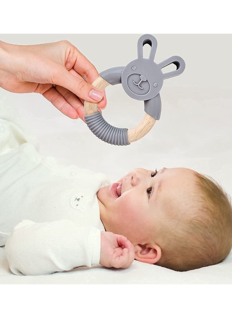 Generic - Baby Teething Toys, Natural Organic Bunny Rabbit Baby Teether Ring, 100% BPA Free Pure Food Grade Silicone Beech Wood, Teething Pain Relief Toy for Toddlers Infants (Lavender Grey) - Image 1