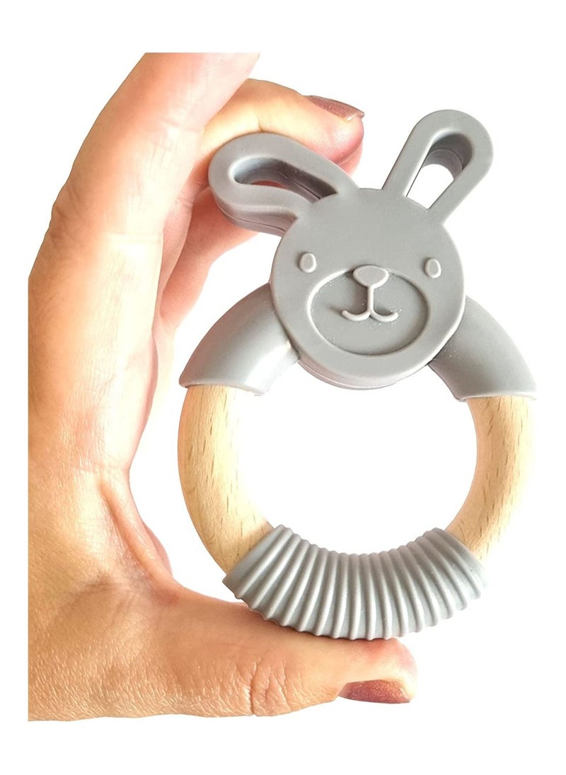 Generic - Baby Teething Toys, Natural Organic Bunny Rabbit Baby Teether Ring, 100% BPA Free Pure Food Grade Silicone Beech Wood, Teething Pain Relief Toy for Toddlers Infants (Lavender Grey) - Image 1