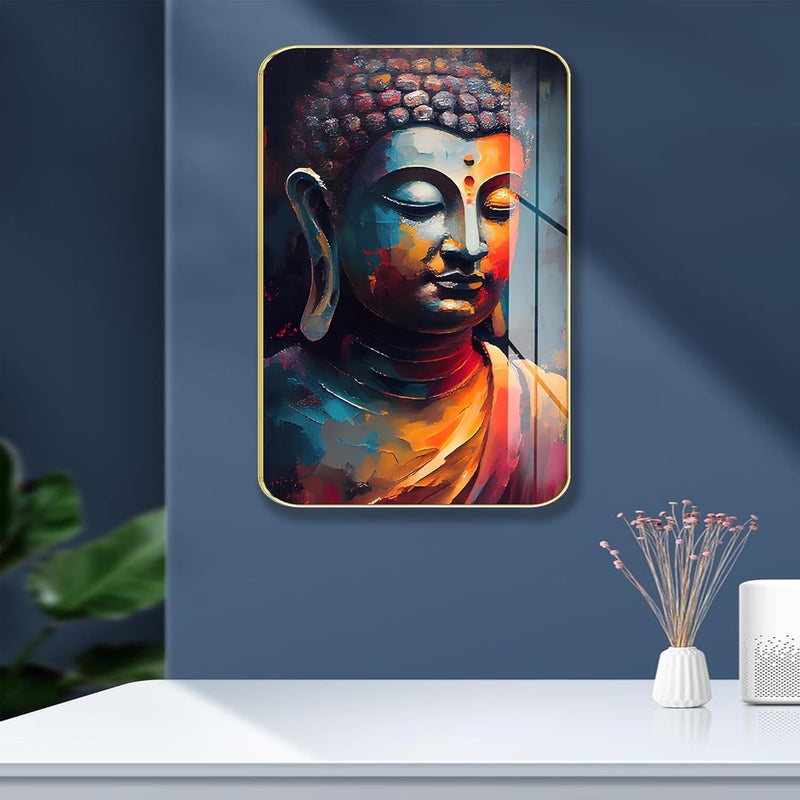 Masstone Premium Crystal Buddha Face Meditation High Gloss Surface Golden Slim Frame 45x30 cm Wall Art for Living Room Bedroom and Office Dcor - Image 1