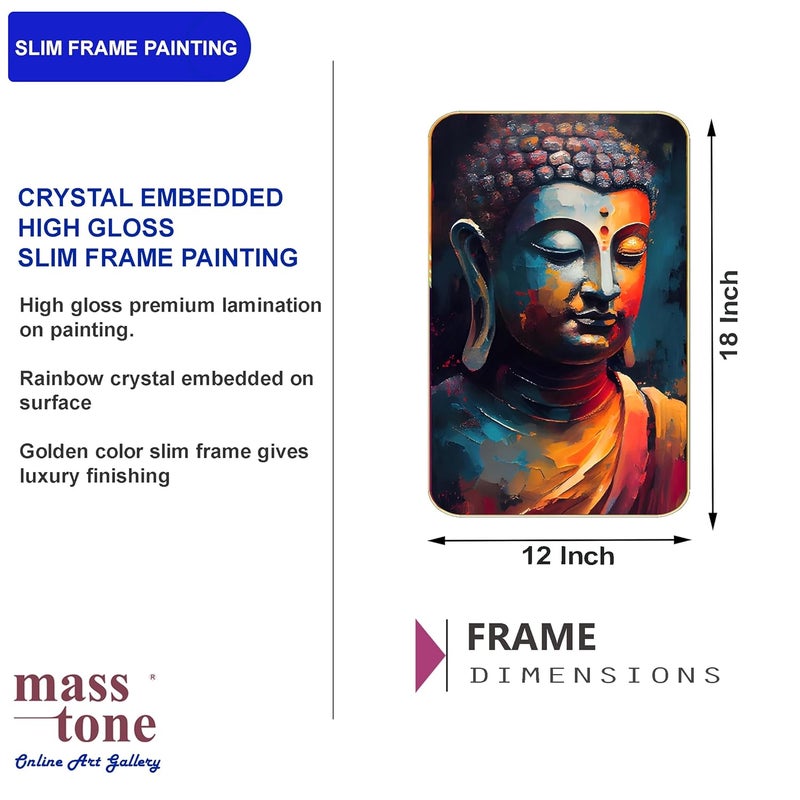 Masstone Premium Crystal Buddha Face Meditation High Gloss Surface Golden Slim Frame 45x30 cm Wall Art for Living Room Bedroom and Office Dcor - Image 3