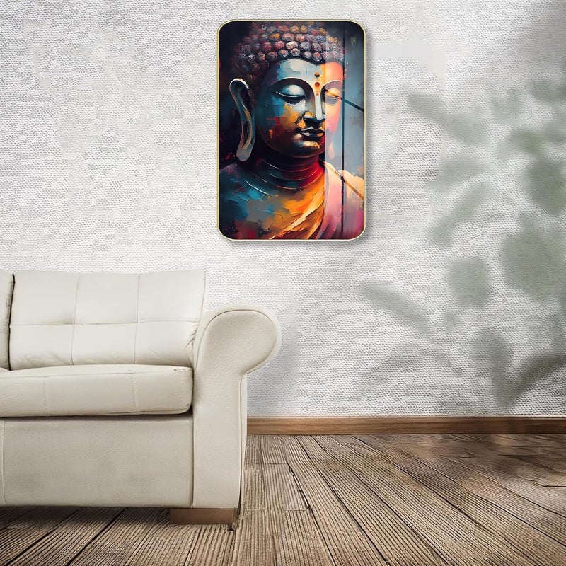 Masstone Premium Crystal Buddha Face Meditation High Gloss Surface Golden Slim Frame 45x30 cm Wall Art for Living Room Bedroom and Office Dcor - Image 2