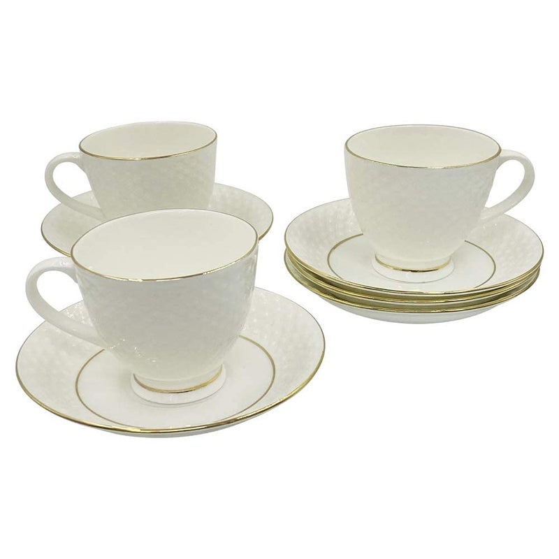 Home-Cart LVOOK Latest Embossed Double Gold Line Bone China Cup & Saucer Plate Tea Set and Coffee 6 Cups + 6 Saucer (White), Set of 6 - Image 5