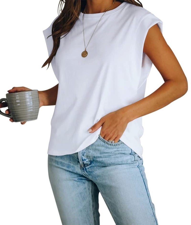 Fazortev Women's Cap Sleeve Tank Top Crew Neck T Shirts Loose Fit Basic Summer Casual Tee Tops White - Image 1