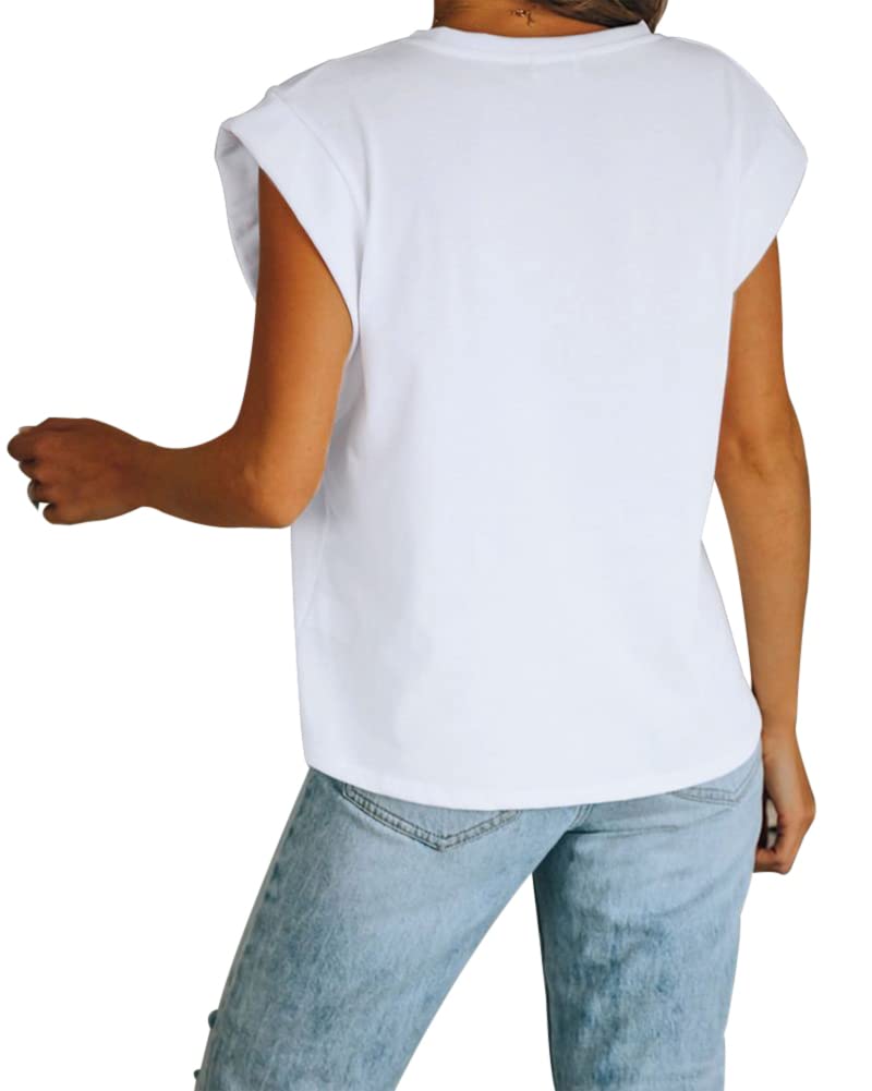 Fazortev Women's Cap Sleeve Tank Top Crew Neck T Shirts Loose Fit Basic Summer Casual Tee Tops White - Image 3