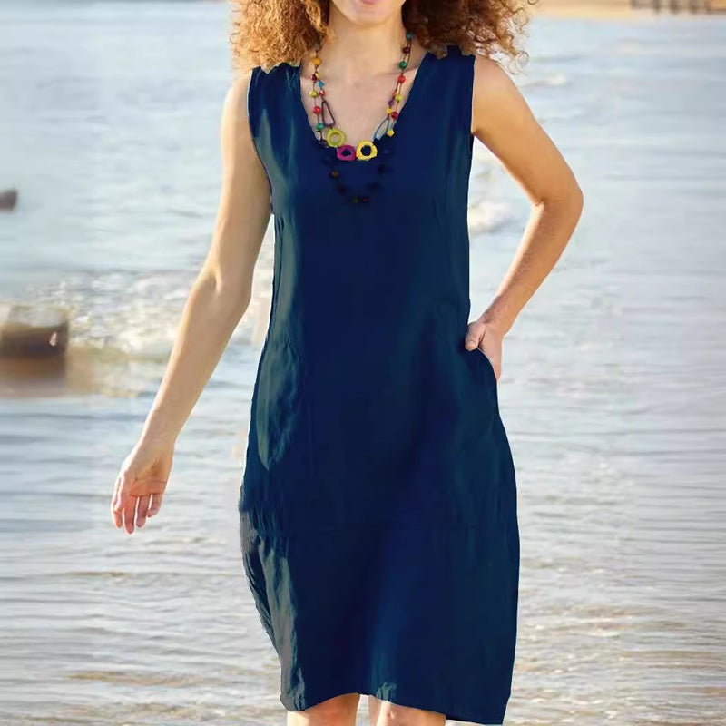2023 Women's Dress Pure Cotton and Linen U-collar Sleeveless Pocket Mid-length Dress - Image 3