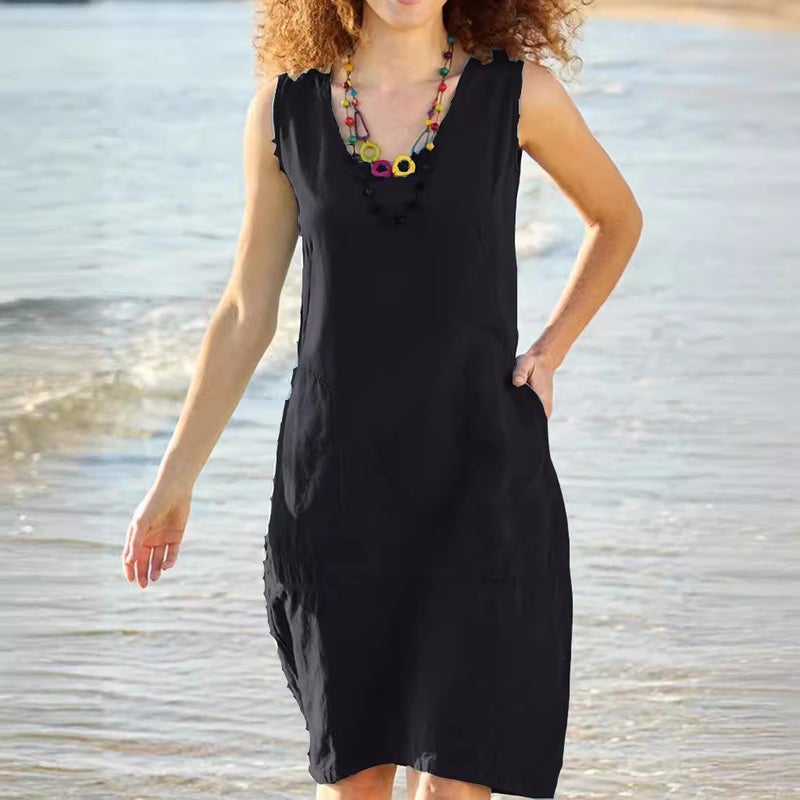 2023 Women's Dress Pure Cotton and Linen U-collar Sleeveless Pocket Mid-length Dress - Image 4