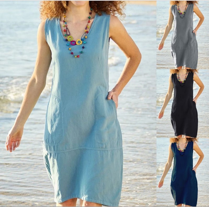 2023 Women's Dress Pure Cotton and Linen U-collar Sleeveless Pocket Mid-length Dress - Image 2