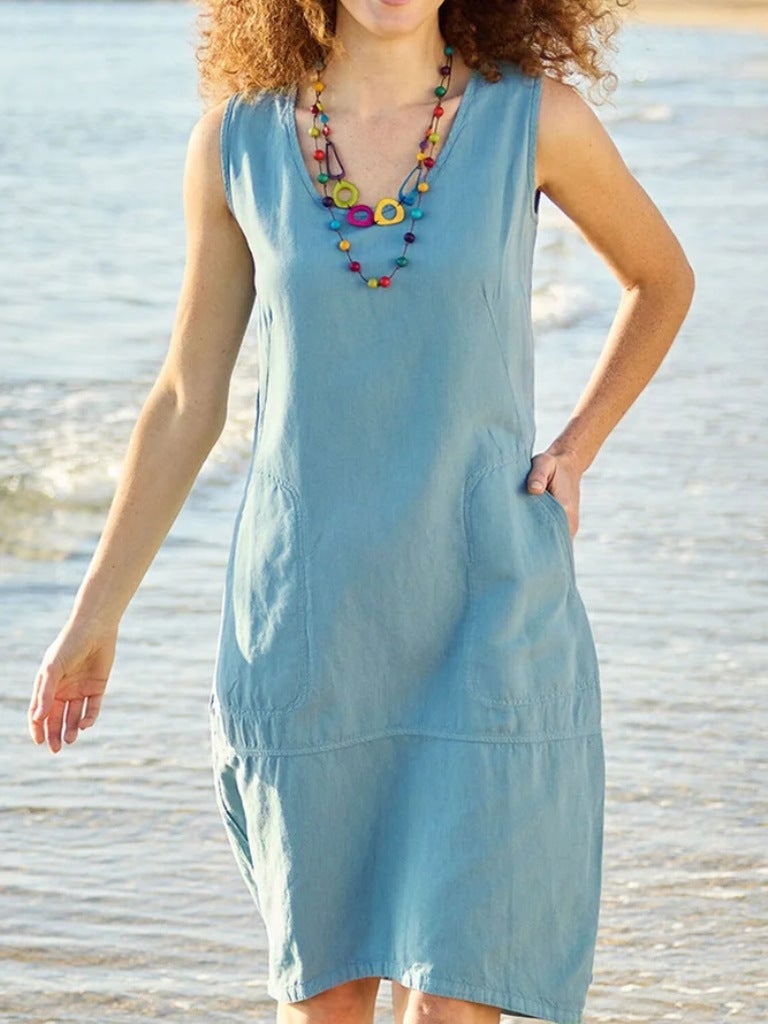 2023 Women's Dress Pure Cotton and Linen U-collar Sleeveless Pocket Mid-length Dress - Image 1