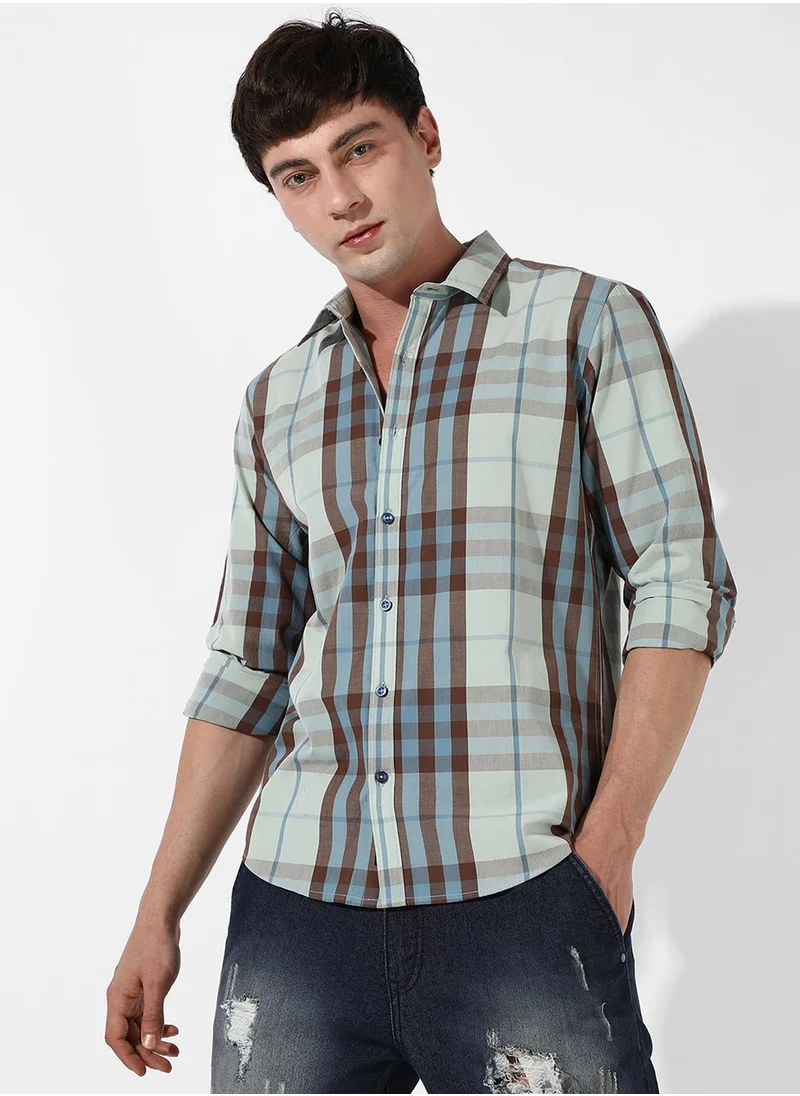 Campus Sutra Campus Sutra Men's Sage Green Tartan Plaid Button Up Regular Fit Shirt For Casual Wear | Cotton Spread Collar Shirt Crafted With Regular Sleeve, Comfort Fit & High-Performance For Everyday Wear