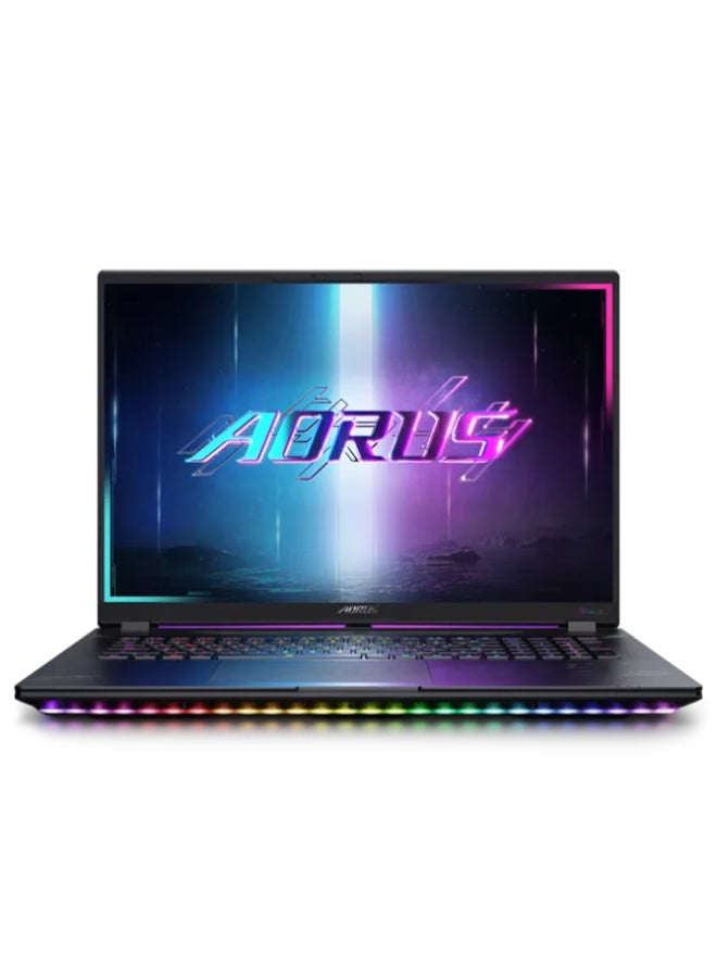 جيجابايت لابتوب الألعاب Aorus Master 18 BZH بشاشة WQXGA مقاس 18 بوصة (2560x1600) بتردد 240 هرتز، معالج Core Ultra 9 275HX، ذاكرة وصول عشوائي DDR5 سعة 64 جيجابايت، قرص صلب SSD سعة 2 تيرابايت، نظام التشغيل Windows 11 Pro، بطاقة رسومات NVIDIA GeForce RTX 5090 بسعة 24 جيجابايت، يدعم اللغتين الإنجليزية والعربية، اللون أسود الإنجليزية/العربية أسود - Image 1