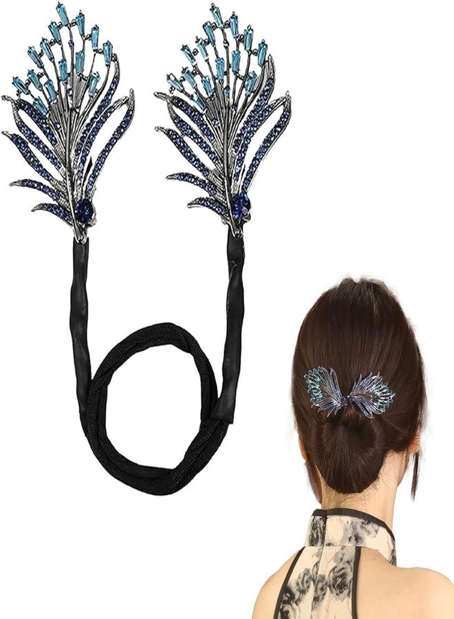 Dezzy 1 pc Rhinestone Flower Hair Clip, Flowers Deft Bun Maker, Lazy Hair Curler Bun Clips Deft Bun Hair, Elegant Flower Hair Clip (Blue) - Image 1