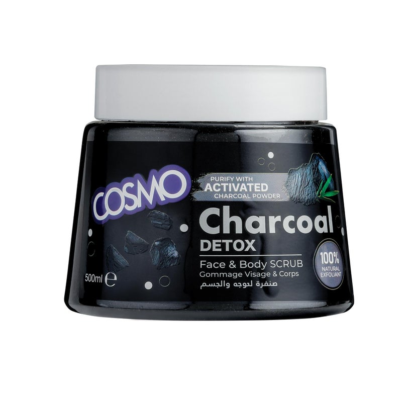 COSMO Skin Care Activated Charcoal Detox Face & Body Scrub 500ml, Remove Blackheads, Dead Skin, 100% Natural Extracts, Deep Cleaning Scrubs, Smooth & Silky Skin, For Women & Men