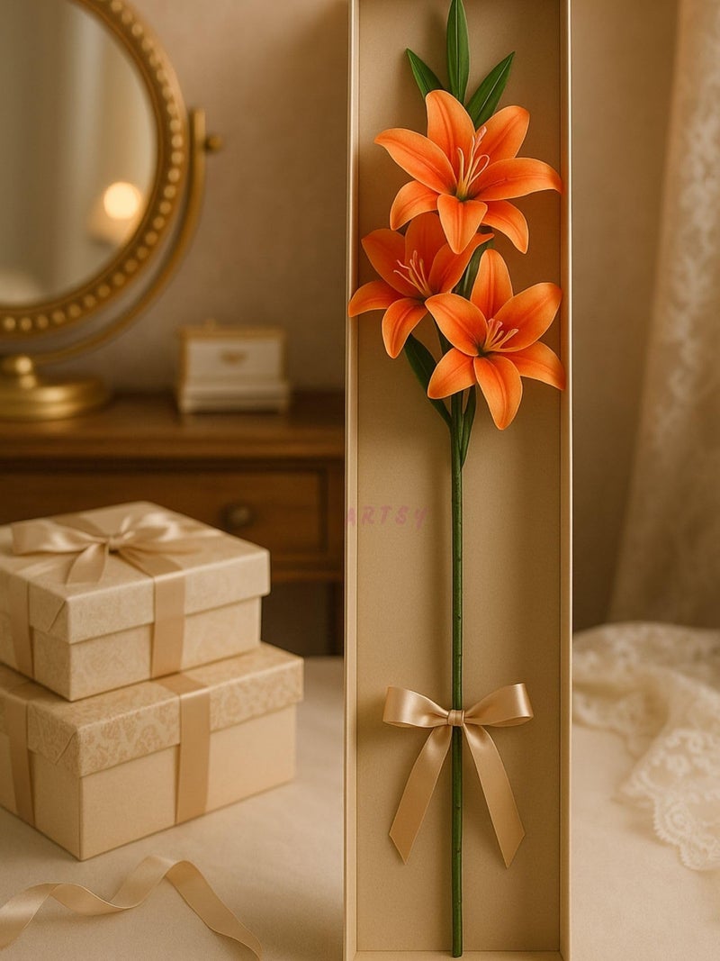 ARTSY® Artificial Flowers for Decoration Lily Flower Bunch for vase/Pot, Long Size Stick stem, Home/Office Decor, Gift, Artificial Plant, Craft, Without Vase, 100 cm Height, 1piece, Orange - Image 4