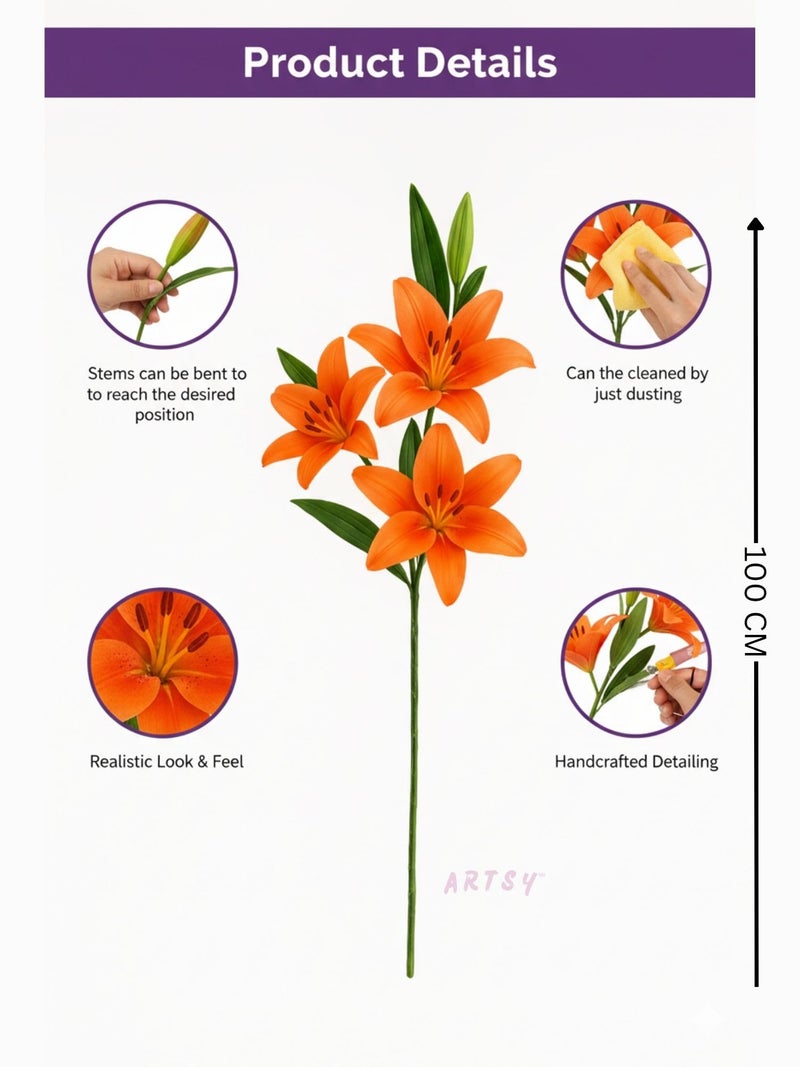 ARTSY® Artificial Flowers for Decoration Lily Flower Bunch for vase/Pot, Long Size Stick stem, Home/Office Decor, Gift, Artificial Plant, Craft, Without Vase, 100 cm Height, 1piece, Orange - Image 5