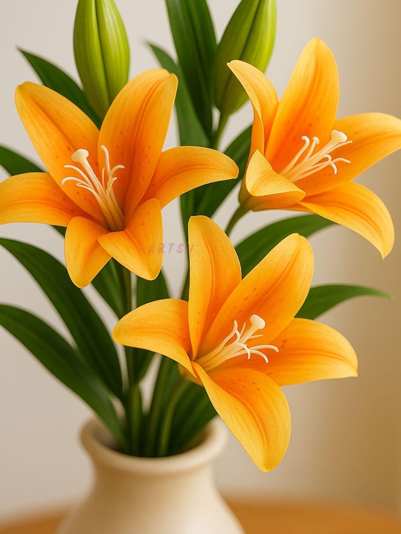 ARTSY® Artificial Flowers for Decoration Lily Flower Bunch for vase/Pot, Long Size Stick stem, Home/Office Decor, Gift, Artificial Plant, Craft, Without Vase, 100 cm Height, 1piece, Orange - Image 2