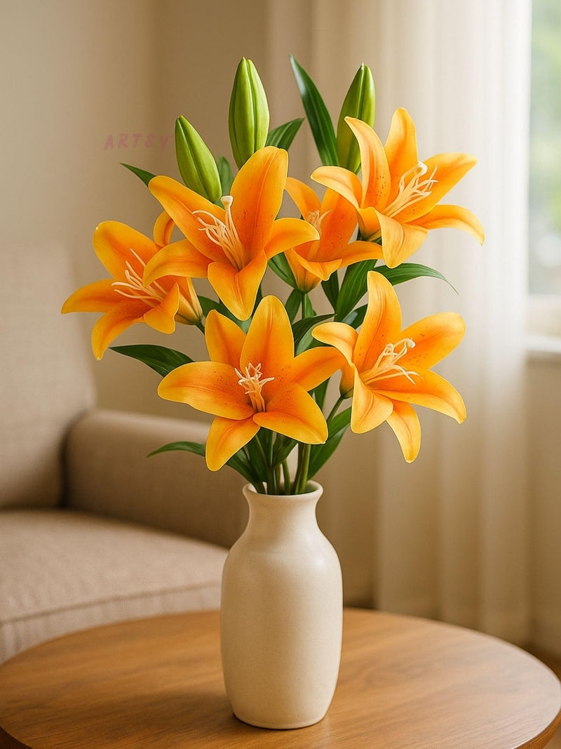 ARTSY® Artificial Flowers for Decoration Lily Flower Bunch for vase/Pot, Long Size Stick stem, Home/Office Decor, Gift, Artificial Plant, Craft, Without Vase, 100 cm Height, 1piece, Orange - Image 1