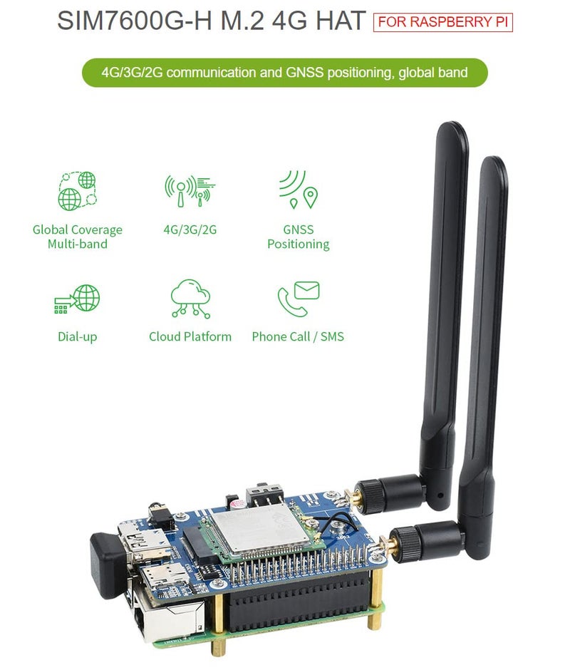 Waveshare SIM7600G-H M.2 4G HAT، متوافق مع Raspberry Pi 5/4B/3B/Zero/Zero W/Zero 2W/Pico/Pico W/Pico WH، تغطية عالمية متعددة النطاقات 4G/3G/2G عالية السرعة LTE CAT4، GNSS - Image 2