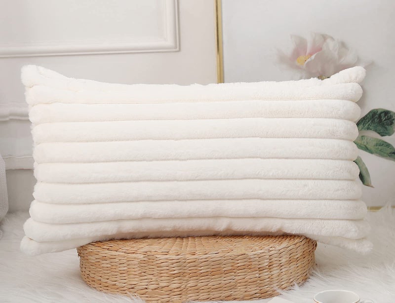 PANOD Faux Fur Decorative Lumbar Throw Pillow Covers 12 x 24 Long Boho Lumbar Pillow Covers Pillow Case Cushion Case for Couch Bed Sofa Farmhouse Livingroom White - Image 1