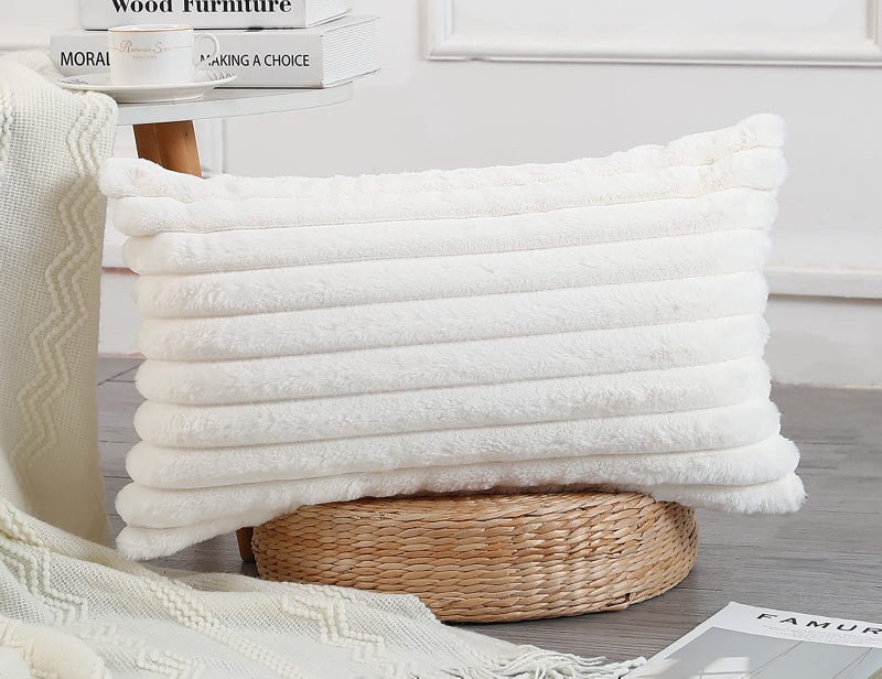 PANOD Faux Fur Decorative Lumbar Throw Pillow Covers 12 x 24 Long Boho Lumbar Pillow Covers Pillow Case Cushion Case for Couch Bed Sofa Farmhouse Livingroom White - Image 3