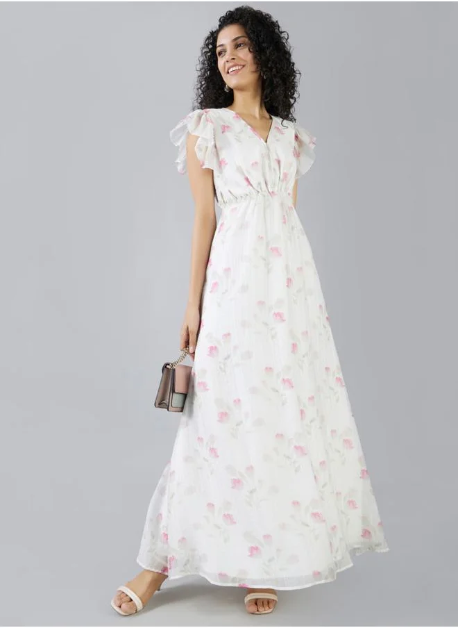 ميش Floral Print Frill Sleeve Gathered Waist Maxi Dress