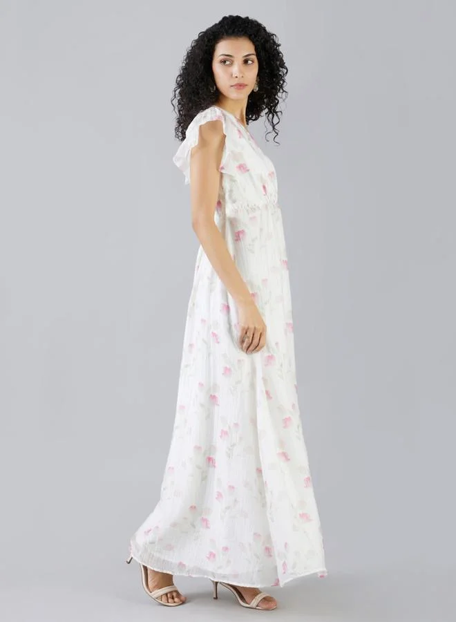 Mish Mish Floral Print Frill Sleeve Gathered Waist Maxi Dress
