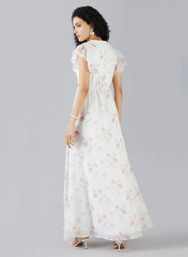 Mish Mish Floral Print Frill Sleeve Gathered Waist Maxi Dress