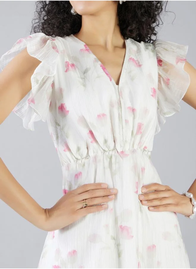 ميش Floral Print Frill Sleeve Gathered Waist Maxi Dress