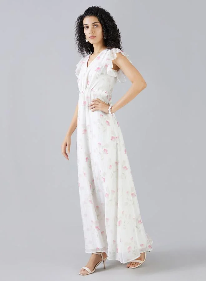 Mish Mish Floral Print Frill Sleeve Gathered Waist Maxi Dress