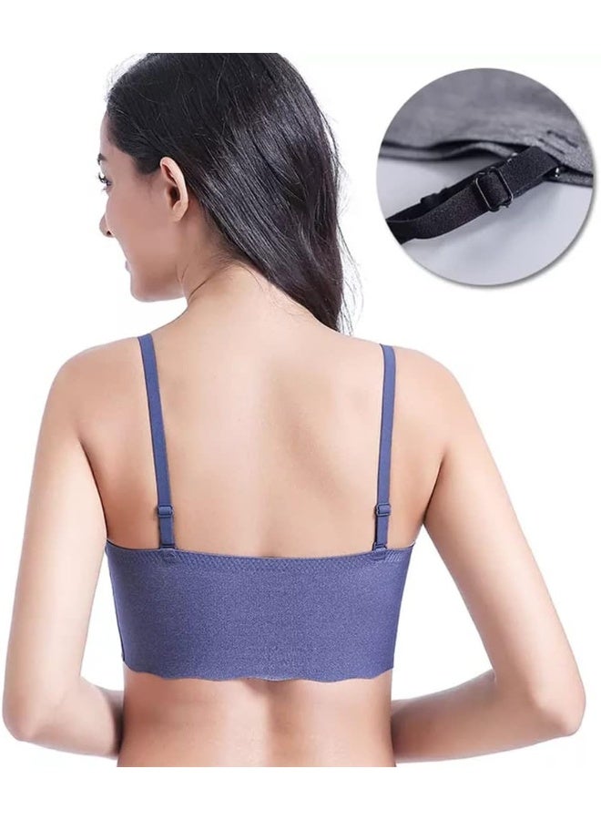 Rubik سوتيان نسائي بدون خياطة، سوتيان مقاوم للصدمات بدون أسلاك من حرير الثلج مع وسادات قابلة للإزالة للرياضة واليوغا والتمارين والجري والنوم والارتداء اليومي (X-Large، أزرق) - Image 2