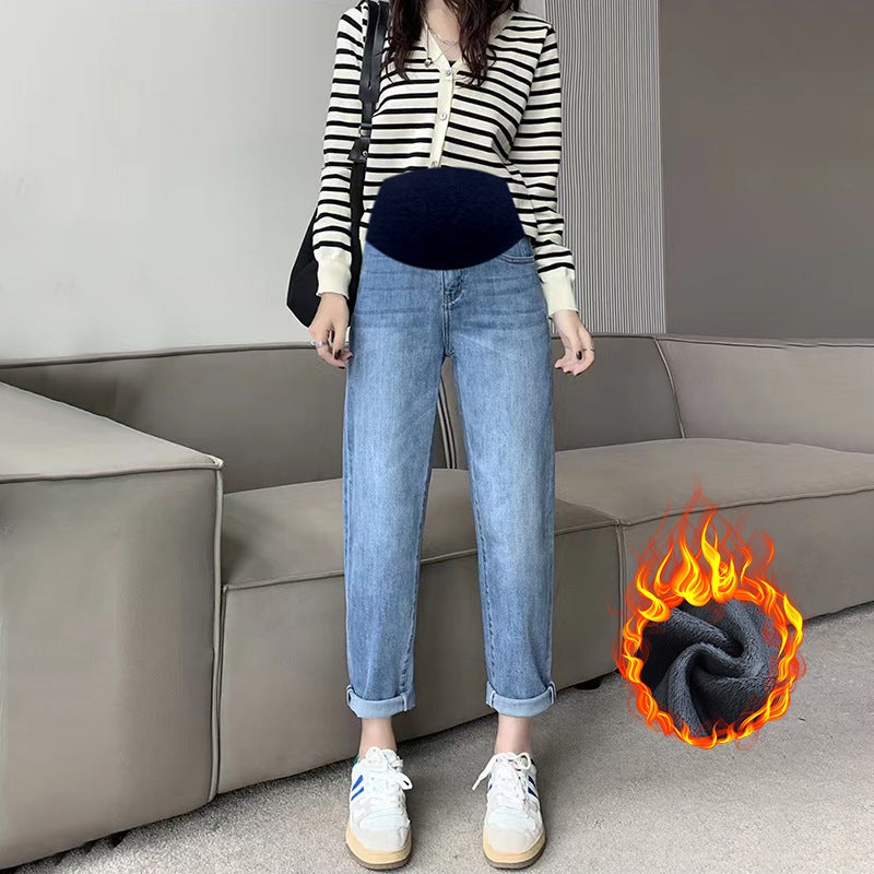 Pregnant Womens Wear 2024 Pregnant Womens Jeans Winter fleece-lined Thickened fleece-lined Style Retro Blue Belly Pants for Women 9398b denim blue baby velvet