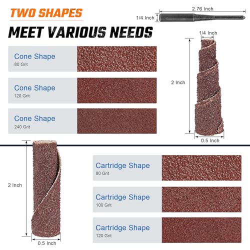 NuoDunco 50Pcs 2 Inch Sand Paper Abrasive Cartridge Rolls Cone Cylinder Rotary Flap Disc 1/4" Die Grinder Sanding Disc Grinding Bits Drum Sanders for Wood Metal Fiberglass - Image 5