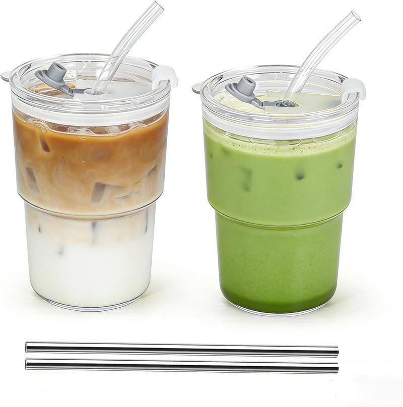 Icesip 15 oz Plastic Matcha Iced Coffee Cups with Lids and Straws Set of 2, Unbreakable Drinking Glasses Reusable Iced Coffee Glass to Go Cup for Tea Smoothie Juice Cup Dishwasher Safe - Image 1